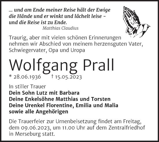 Traueranzeige von Wolfgang Prall von Trauerkombi Merseburg