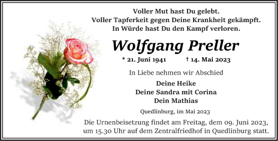 Traueranzeige von Wolfgang Preller von Trauerkombi Quedlinburg