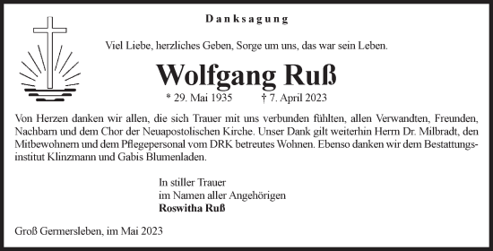 Traueranzeige von Wolfgang Ruß von Volksstimme Oschersleben/Wanzleben