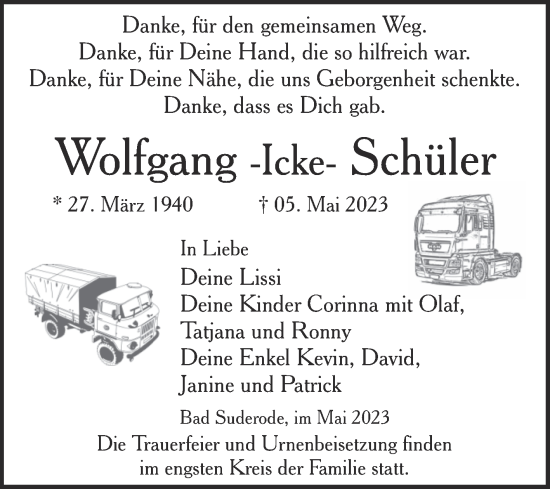 Traueranzeige von Wolfgang Schüler von Trauerkombi Quedlinburg