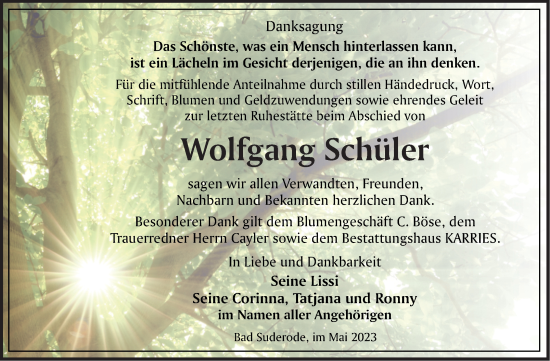 Traueranzeige von Wolfgang Schüler von Trauerkombi Quedlinburg