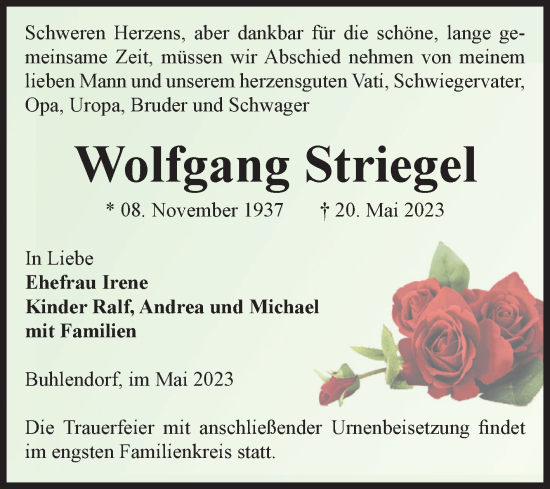 Traueranzeige von Wolfgang Striegel von Volksstimme Zerbst