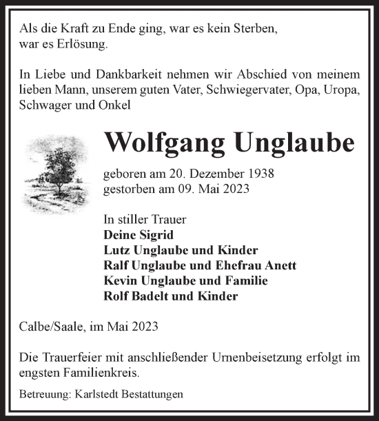 Traueranzeige von Wolfgang Unglaube von Volksstimme Schönebeck