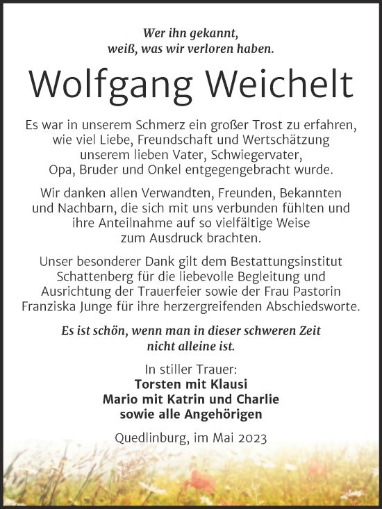 Traueranzeige von Wolfgang Weichelt von Trauerkombi Quedlinburg