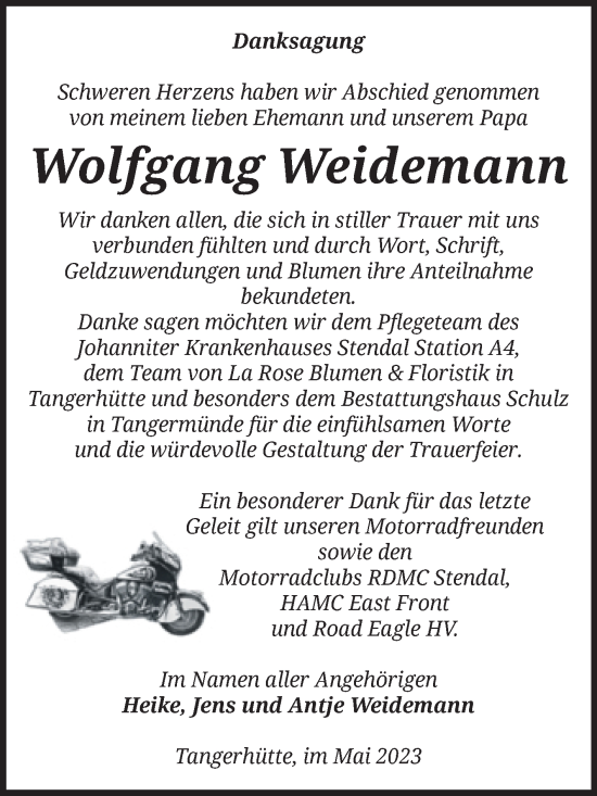 Traueranzeige von Wolfgang Weidemann von Volksstimme Altmark Ost