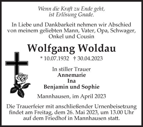 Traueranzeige von Wolfgang Woldau von Volksstimme Haldensleben/Wolmirstedt