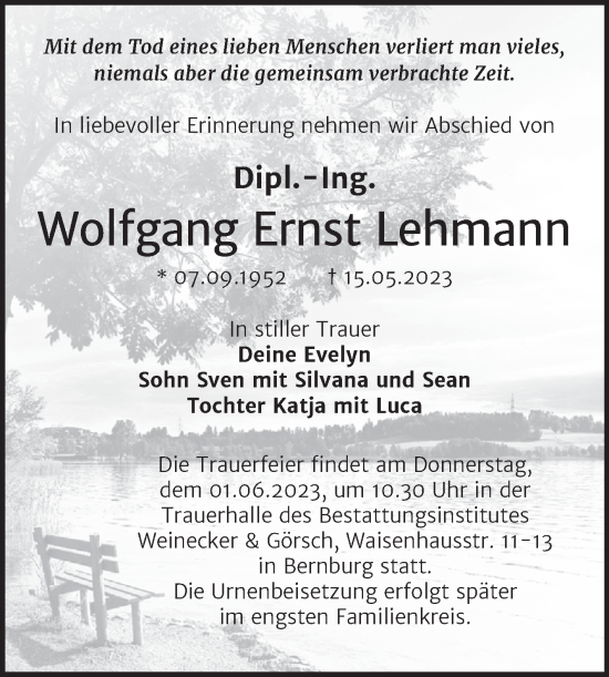 Traueranzeige von Wolfgang Ernst Lehmann von Trauerkombi Bernburg