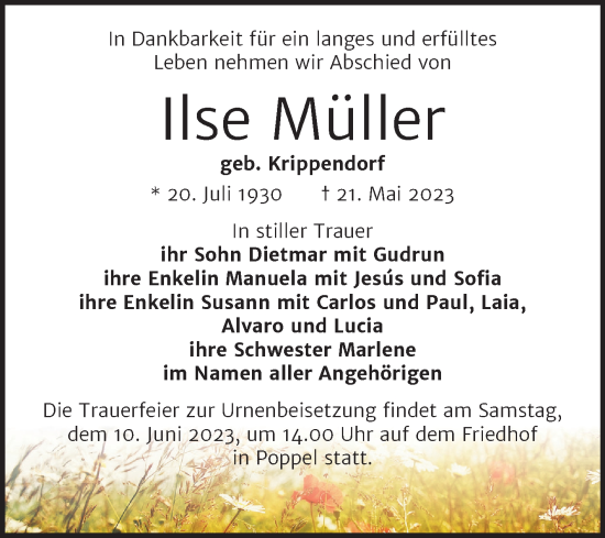 Traueranzeige von Ilse Müller von Wochenspiegel Naumburg/Nebra