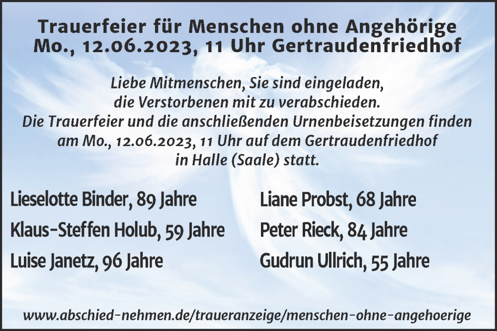  Traueranzeige für Menschen ohne Angehörige  vom 10.06.2023 aus Mitteldeutsche Zeitung Halle/Saalkreis