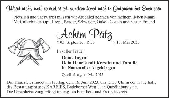 Traueranzeige von Achim Pätz von Trauerkombi Quedlinburg