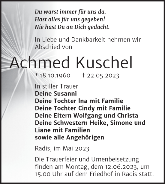 Traueranzeige von Achmed Kuschet von Trauerkombi Wittenberg