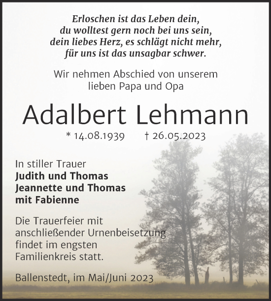 Traueranzeige von Adalbert Lehmann von Trauerkombi Quedlinburg