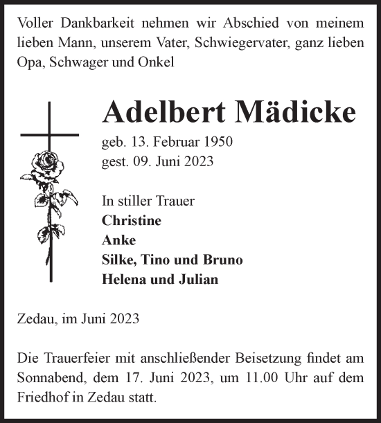 Traueranzeige von Adelbert Mädicke von Volksstimme Altmark Ost