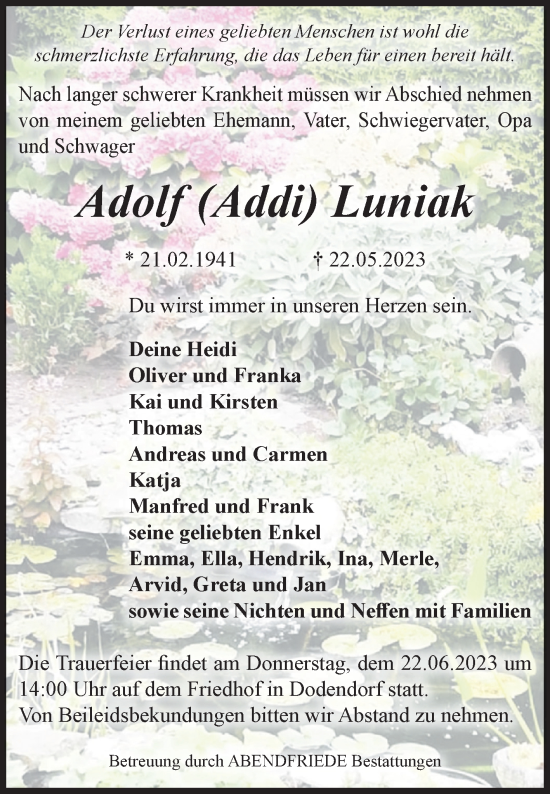 Traueranzeige von Adolf Luniak von Volksstimme Magdeburg