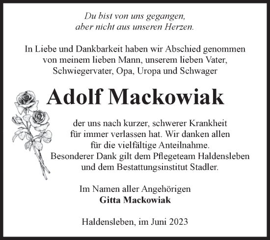 Traueranzeige von Adolf Mackowiak von Volksstimme Haldensleben/Wolmirstedt