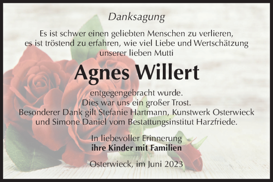 Traueranzeige von Agnes Willert von Volksstimme Halberstadt