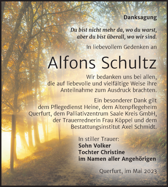 Traueranzeige von Alfons Schultz von Trauerkombi Merseburg