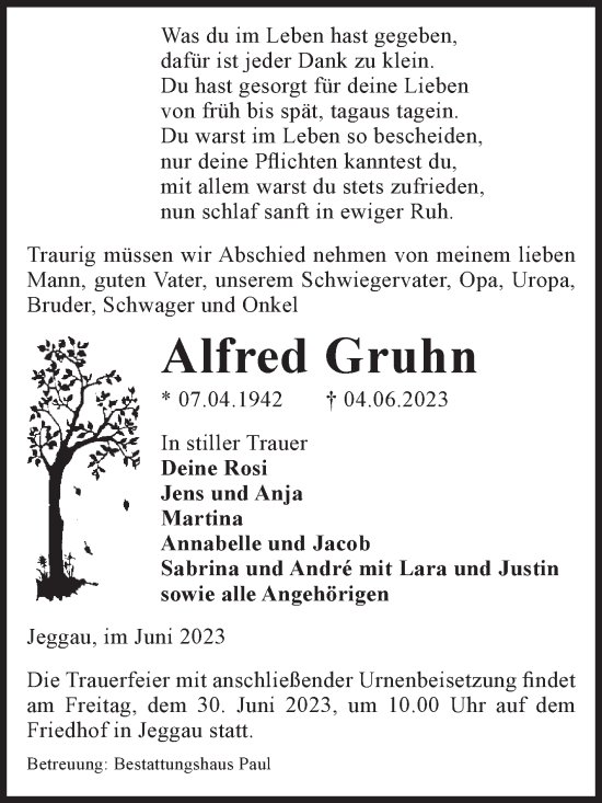 Traueranzeige von Alfred Gruhn von Volksstimme Altmark West