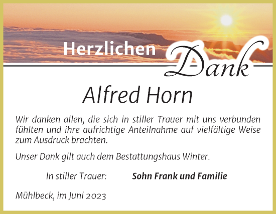 Traueranzeige von Alfred Horn von Trauerkombi Bitterfeld