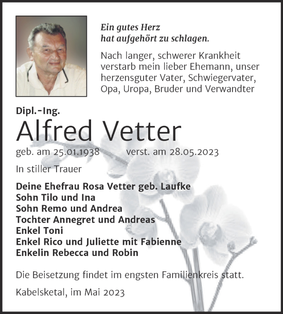 Traueranzeige von Alfred Vetter von Mitteldeutsche Zeitung Halle/Saalkreis