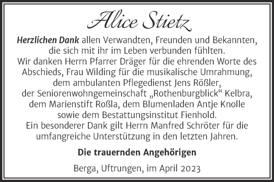 Traueranzeige von Alice Stietz von Trauerkombi Sangerhausen