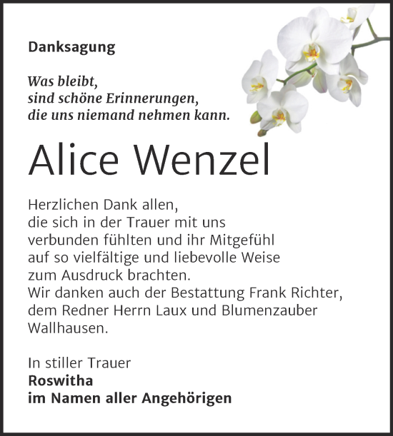 Traueranzeige von Alice Wenzel von Trauerkombi Sangerhausen