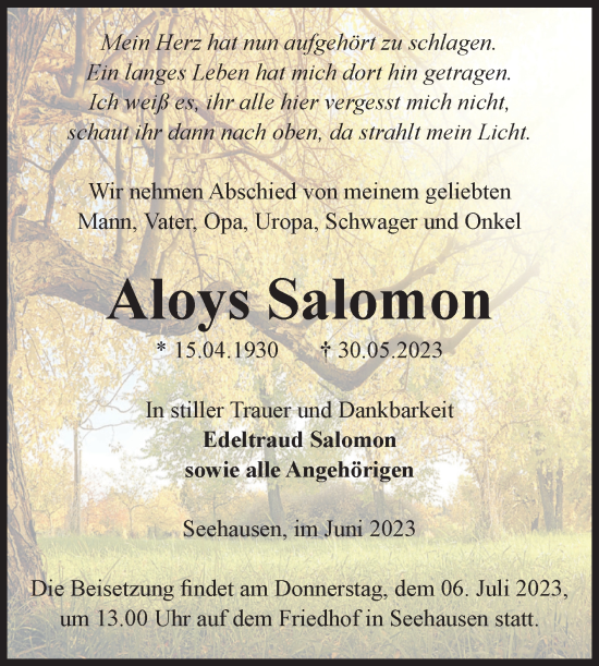 Traueranzeige von Aloys Salomon von Volksstimme Altmark Ost