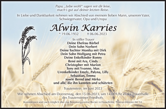 Traueranzeige von Alwin Karries von Volksstimme Wernigerode