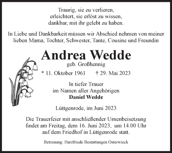 Traueranzeige von Andrea Wedde von Volksstimme Halberstadt