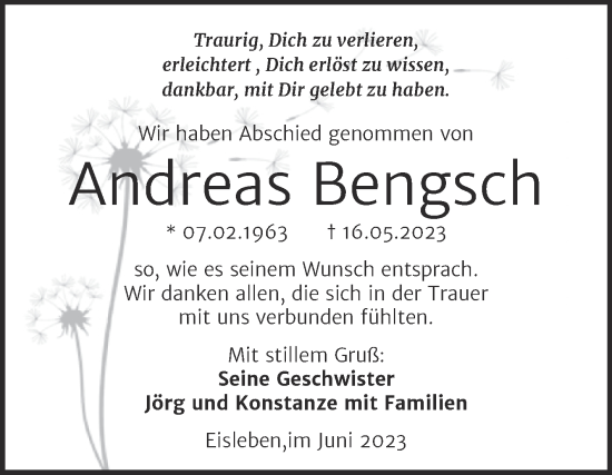 Traueranzeige von Andreas Bengsch von Trauerkombi Mansfelder Land