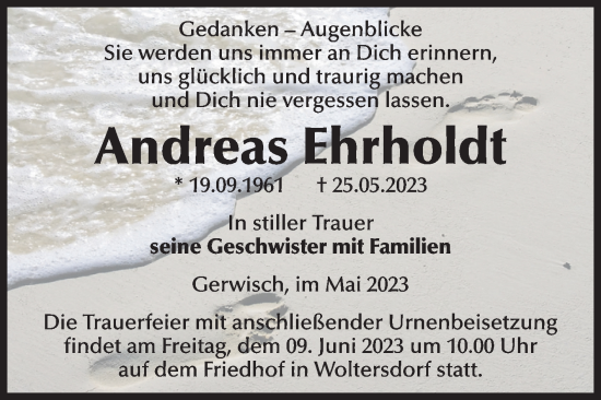 Traueranzeige von Andreas Ehrholdt von Volksstimme Burg/Genthin