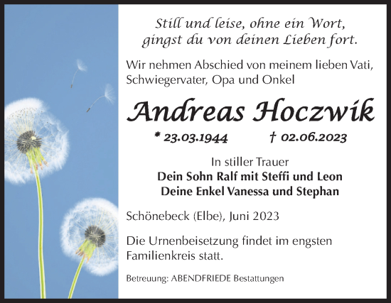 Traueranzeige von Andreas Hoczwik von Volksstimme Schönebeck