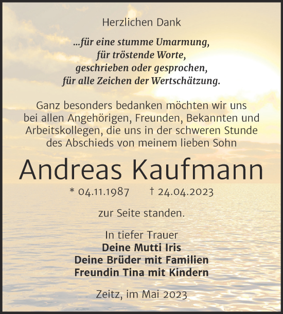 Traueranzeige von Andreas Kaufmann von Trauerkombi Zeitz