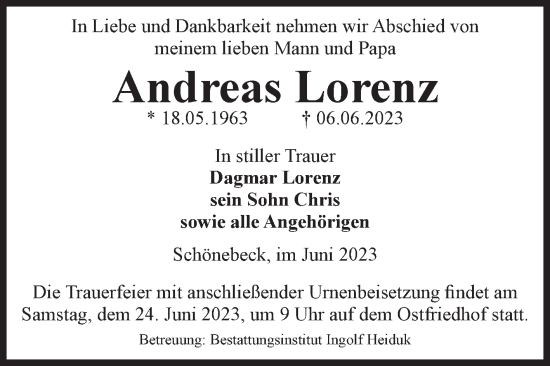 Traueranzeige von Andreas Lorenz von Volksstimme Schönebeck