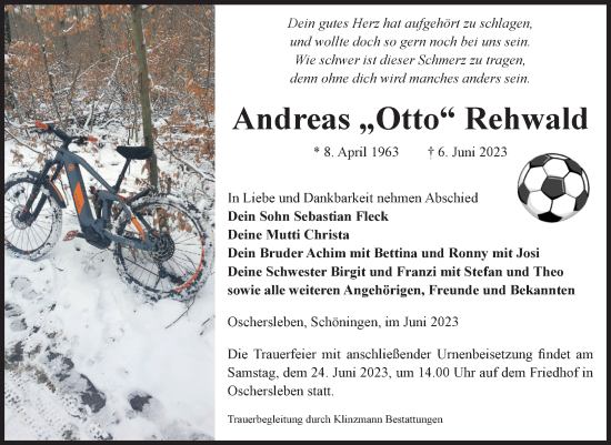 Traueranzeige von Andreas Rehwald von Volksstimme Oschersleben/Wanzleben