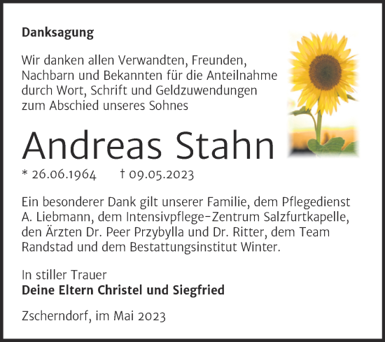 Traueranzeige von Andreas Stahn von Trauerkombi Bitterfeld