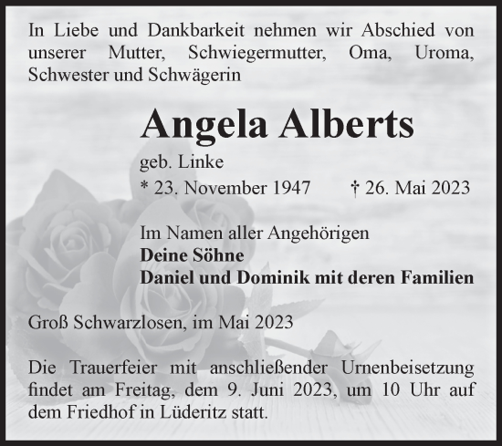 Traueranzeige von Angela Alberts von Volksstimme Altmark Ost