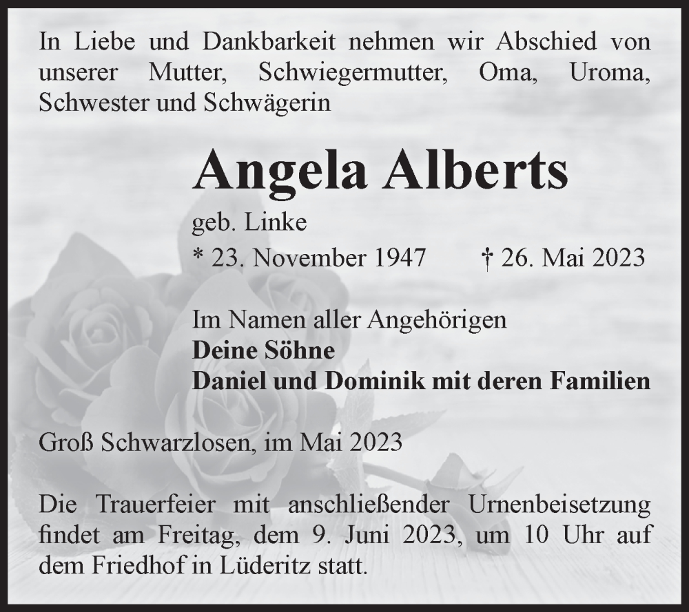  Traueranzeige für Angela Alberts vom 03.06.2023 aus Volksstimme Altmark Ost