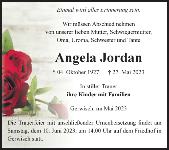 Traueranzeige von Angela Jordan von Volksstimme Oschersleben/Wanzleben
