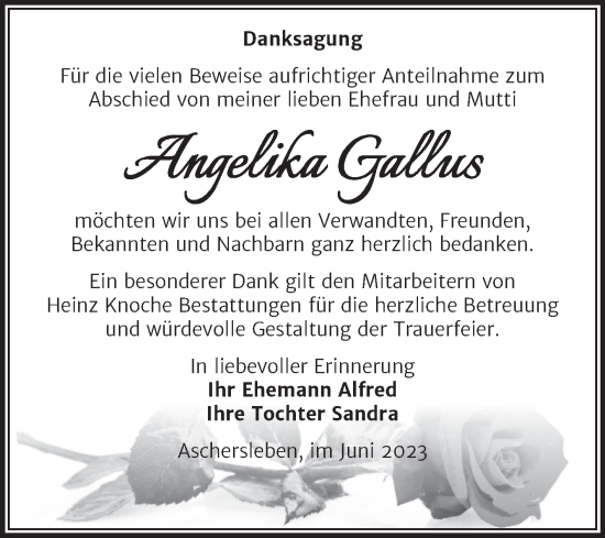 Traueranzeige von Angelika Gallus von Trauerkombi Aschersleben