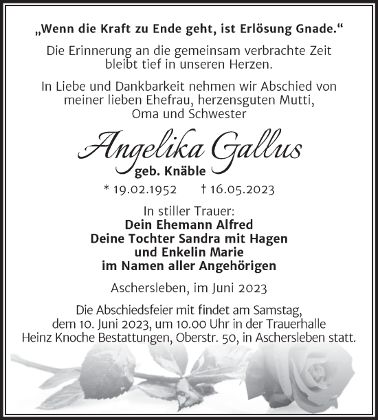 Traueranzeige von Angelika Gallus von Trauerkombi Aschersleben