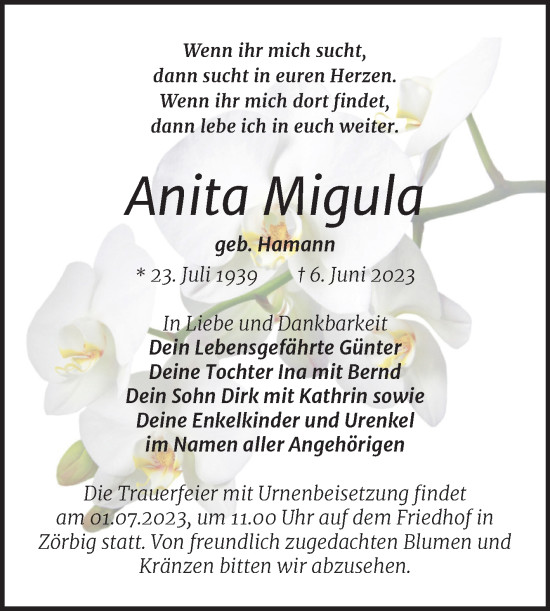 Traueranzeige von Anita Migula von Trauerkombi Bitterfeld