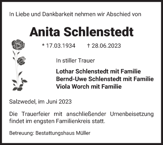 Traueranzeige von Anita Schlenstedt von Volksstimme Altmark West