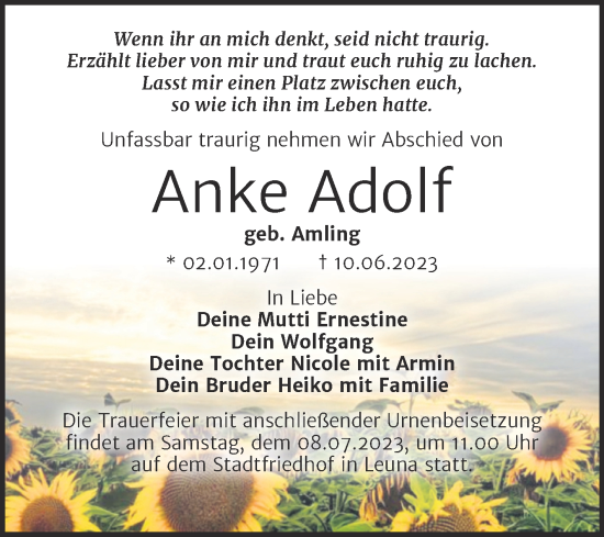 Traueranzeige von Anke Adolf von Trauerkombi Merseburg