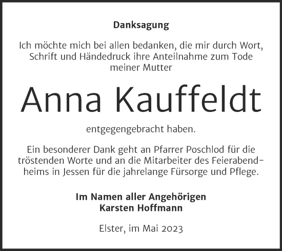 Traueranzeige von Anna Kauffeldt von Trauerkombi Wittenberg