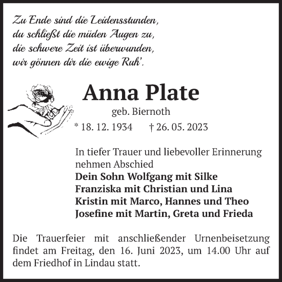 Traueranzeige von Anna Plate von Volksstimme Zerbst