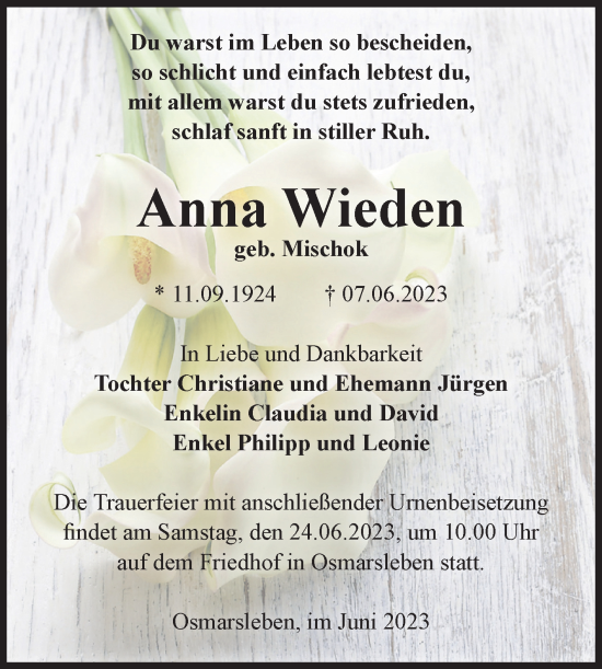 Traueranzeige von Anna Wieden von Volksstimme Staßfurt