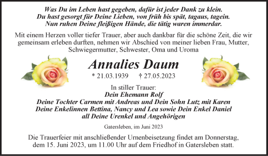 Traueranzeige von Annalies Daum von Trauerkombi Aschersleben