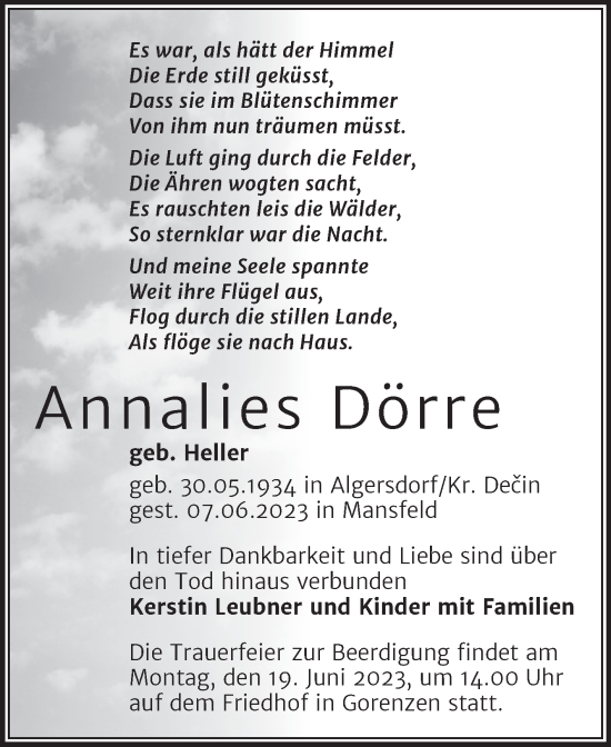 Traueranzeige von Annalies Dörre von Mitteldeutsche Zeitung Mansfelder Land