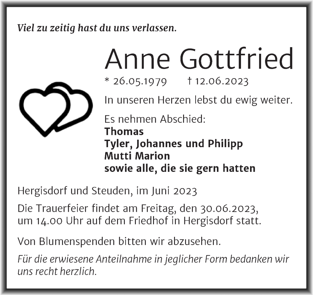  Traueranzeige für Anne Gottfried vom 21.06.2023 aus Trauerkombi Mansfelder Land